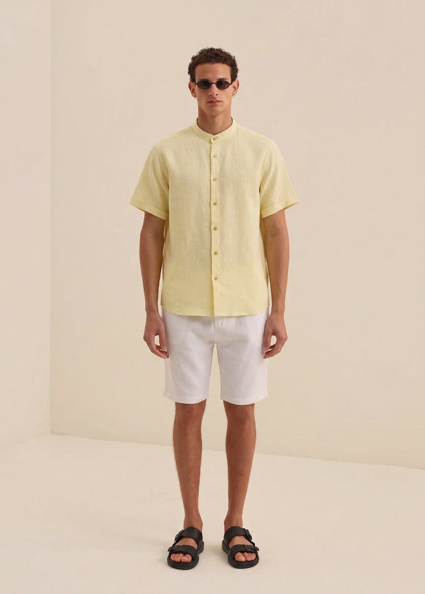MEN’S LEMON YELLOW SHORT SLEEVE LINEN SHIRT