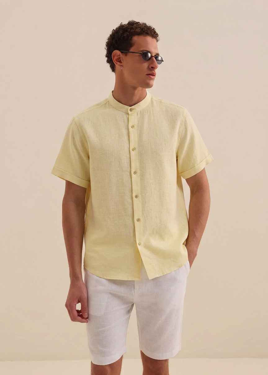 MEN’S LEMON YELLOW SHORT SLEEVE LINEN SHIRT