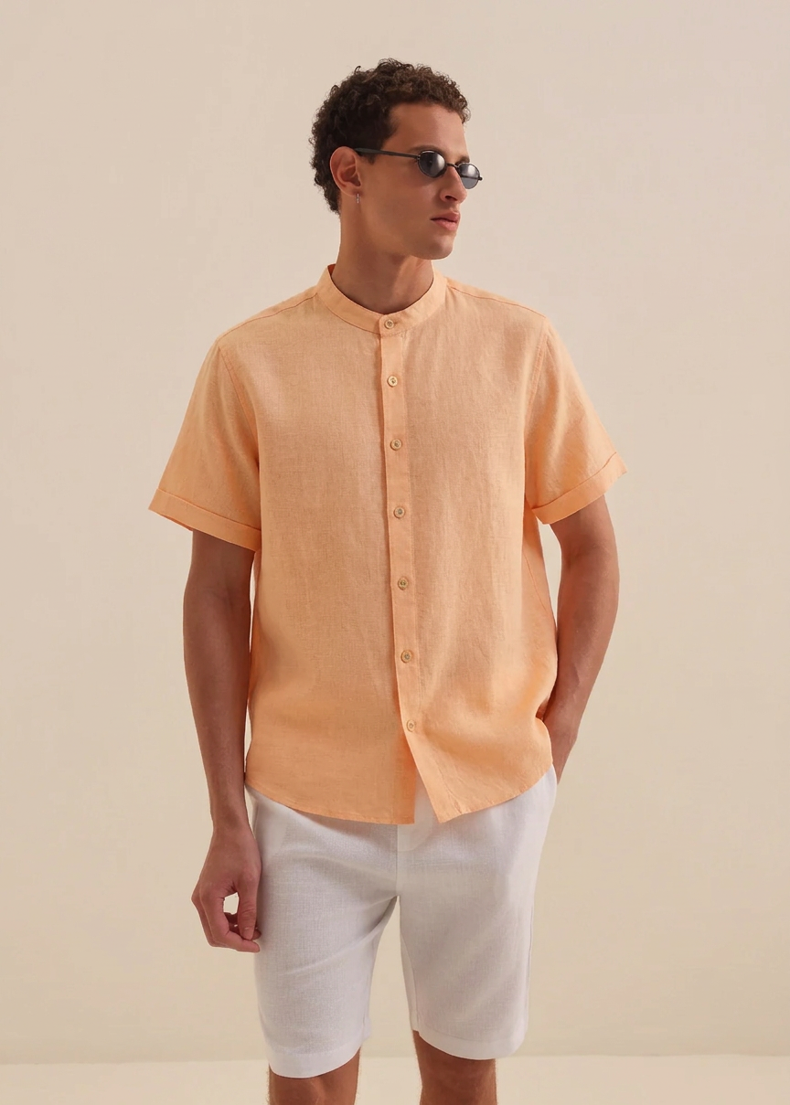 MEN’S ORANGE SHORT SLEEVE LINEN SHIRT