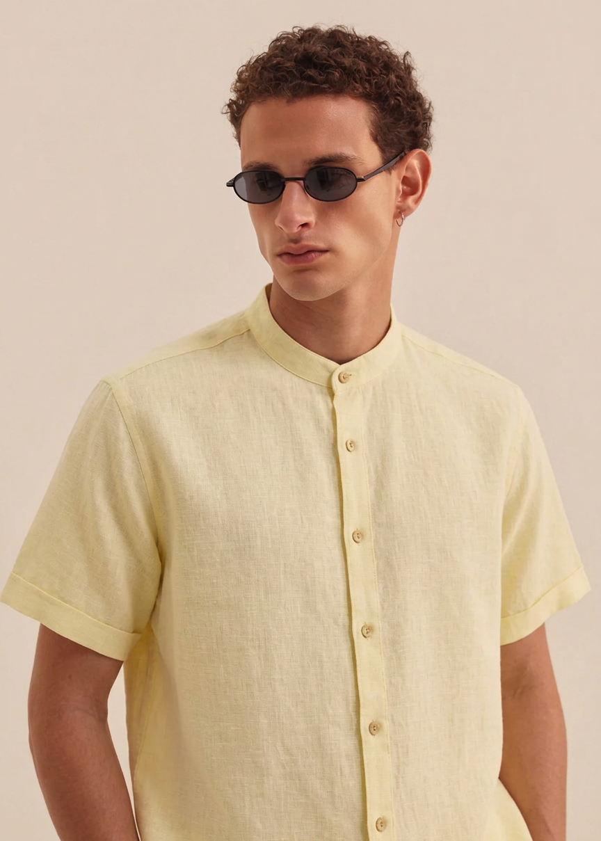MEN’S LEMON YELLOW SHORT SLEEVE LINEN SHIRT