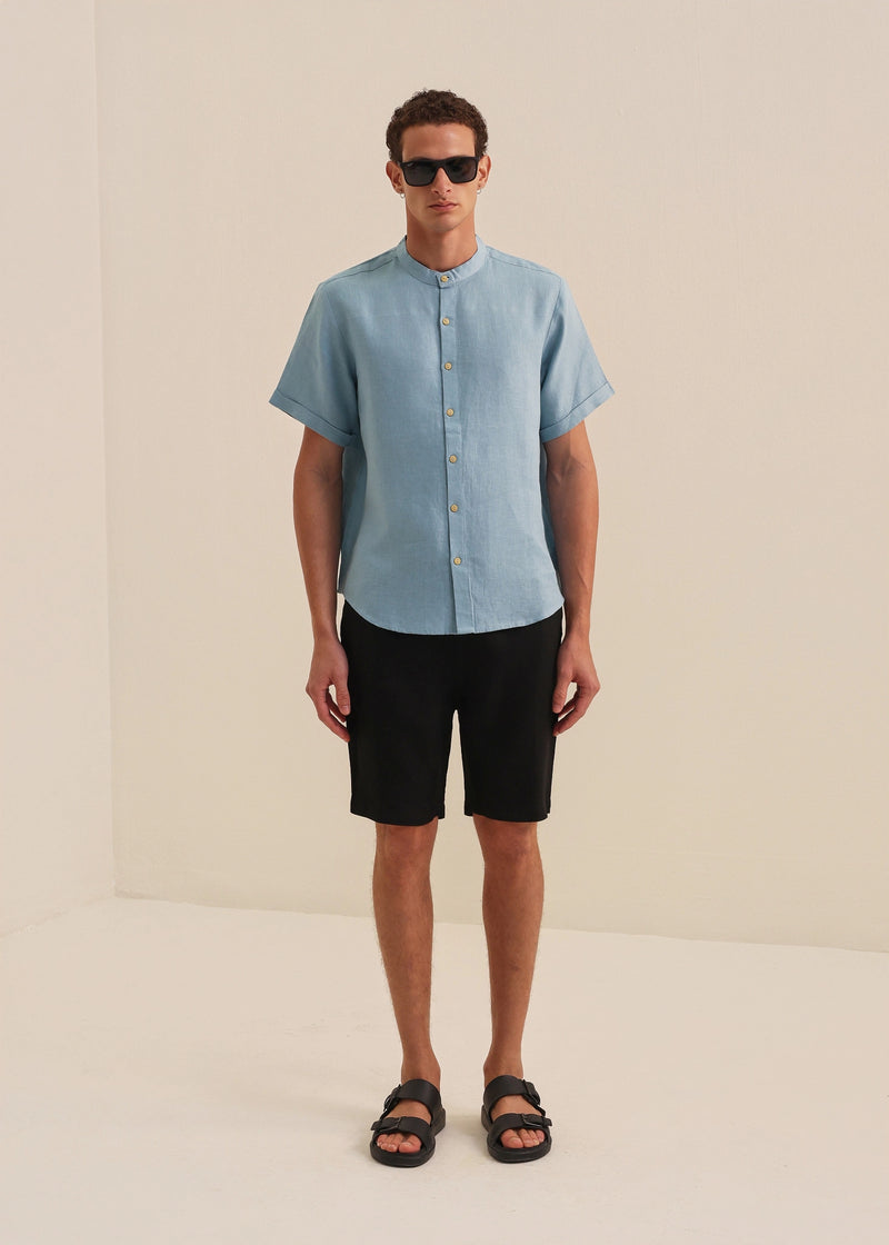 HUCA SUCA MEN BLUE LINEN HALF SLEEVE SHIRT